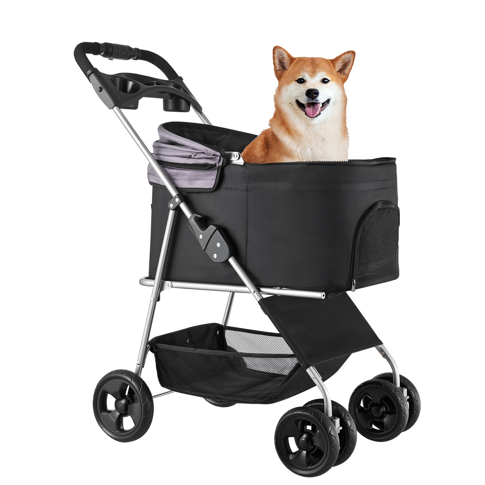 Pet Stroller Foldable 4 Wheels Dog Stroller Detachable Carrier Up To 35lbs_voghion.com